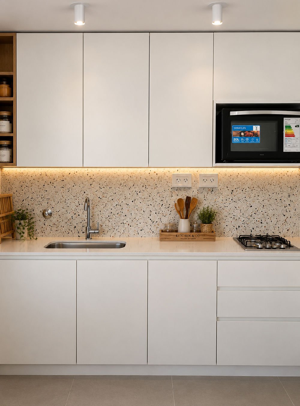 Cocina blanca lineal con salpicadero de terrazo